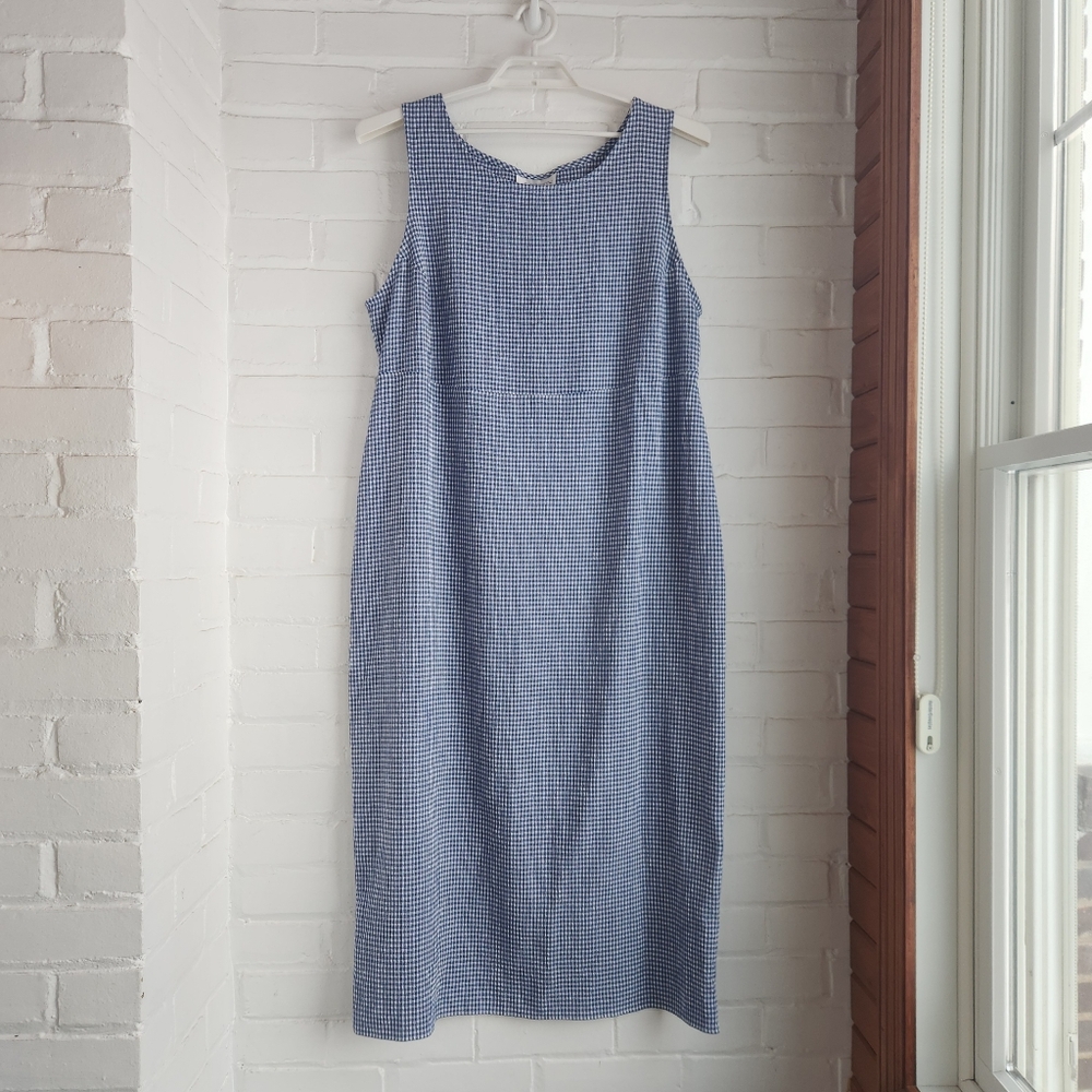 Vintage Women's Plus 16W Dress / Sleeveless Blue Check Seersucker Maxi Long